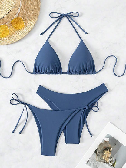 SHEIN Swim Kadın Yaz Plaj Düz Renk Halter Bağcıklı Seksi Bikini Mayo Takımı