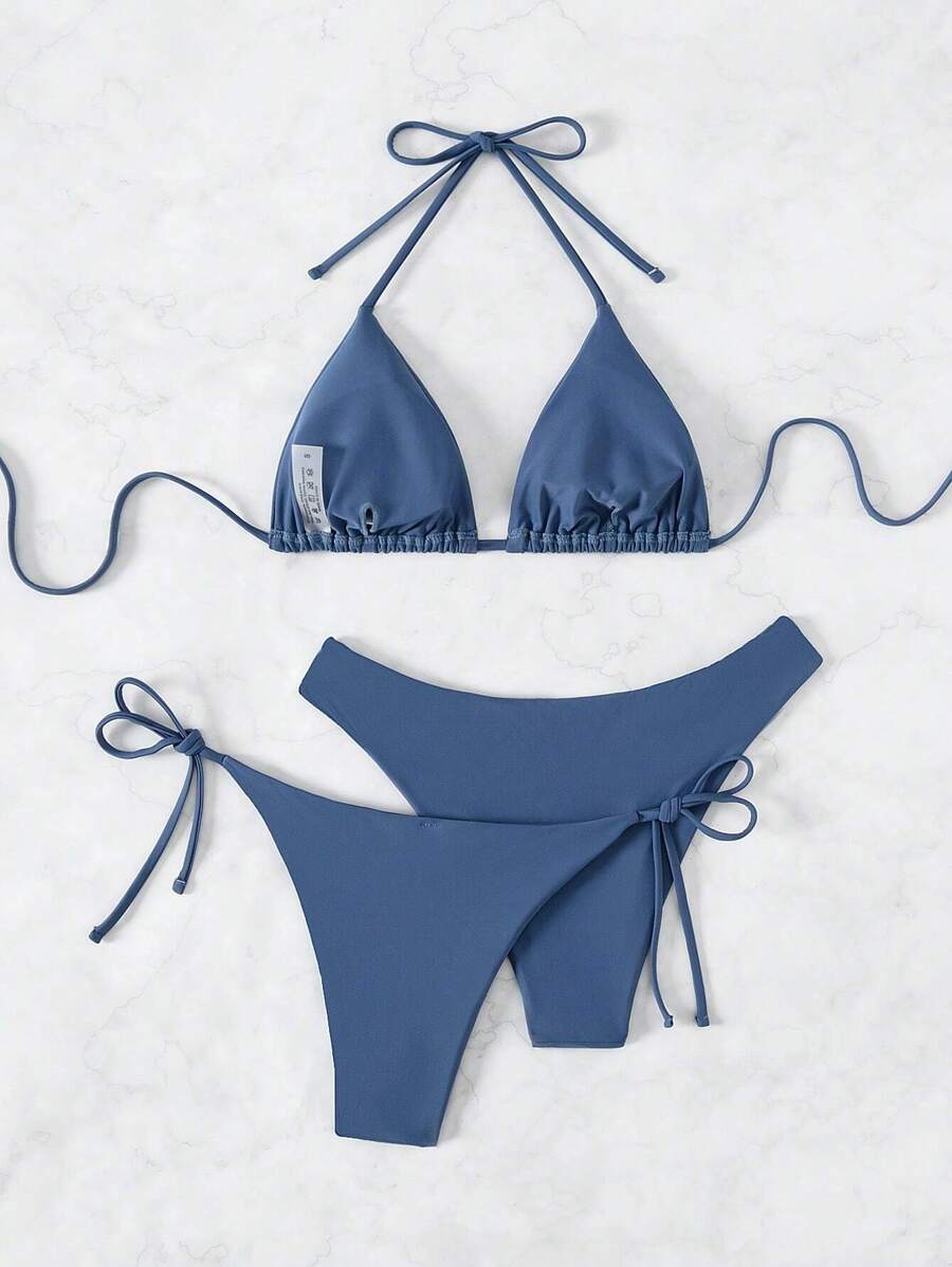 SHEIN Swim Kadın Yaz Plaj Düz Renk Halter Bağcıklı Seksi Bikini Mayo Takımı