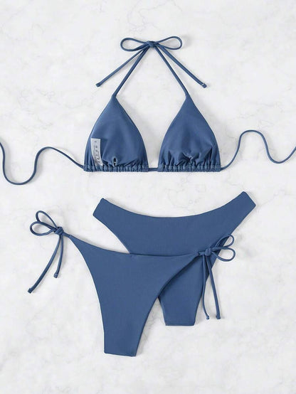 SHEIN Swim Kadın Yaz Plaj Düz Renk Halter Bağcıklı Seksi Bikini Mayo Takımı