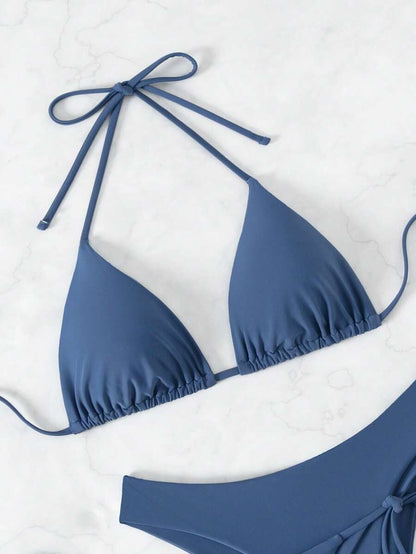 SHEIN Swim Kadın Yaz Plaj Düz Renk Halter Bağcıklı Seksi Bikini Mayo Takımı