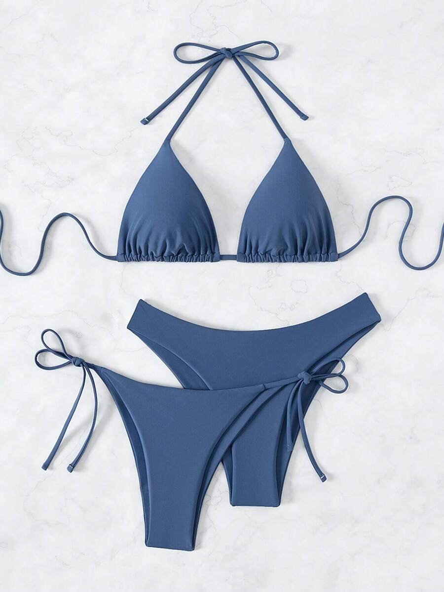 SHEIN Swim Kadın Yaz Plaj Düz Renk Halter Bağcıklı Seksi Bikini Mayo Takımı