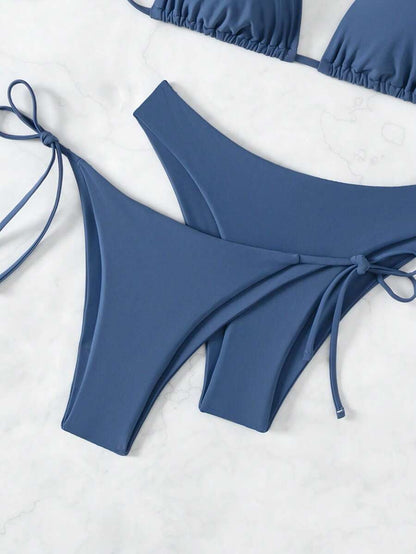 SHEIN Swim Kadın Yaz Plaj Düz Renk Halter Bağcıklı Seksi Bikini Mayo Takımı