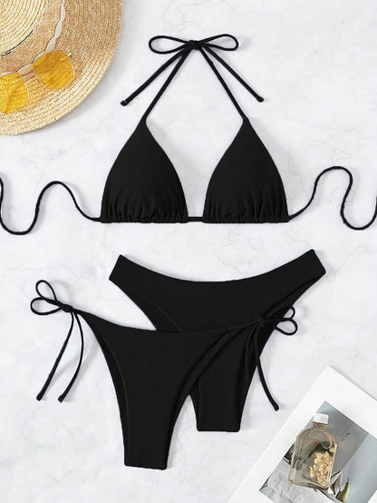 SHEIN Swim Kadın Yaz Plaj Düz Renk Halter Bağcıklı Seksi Bikini Mayo Takımı