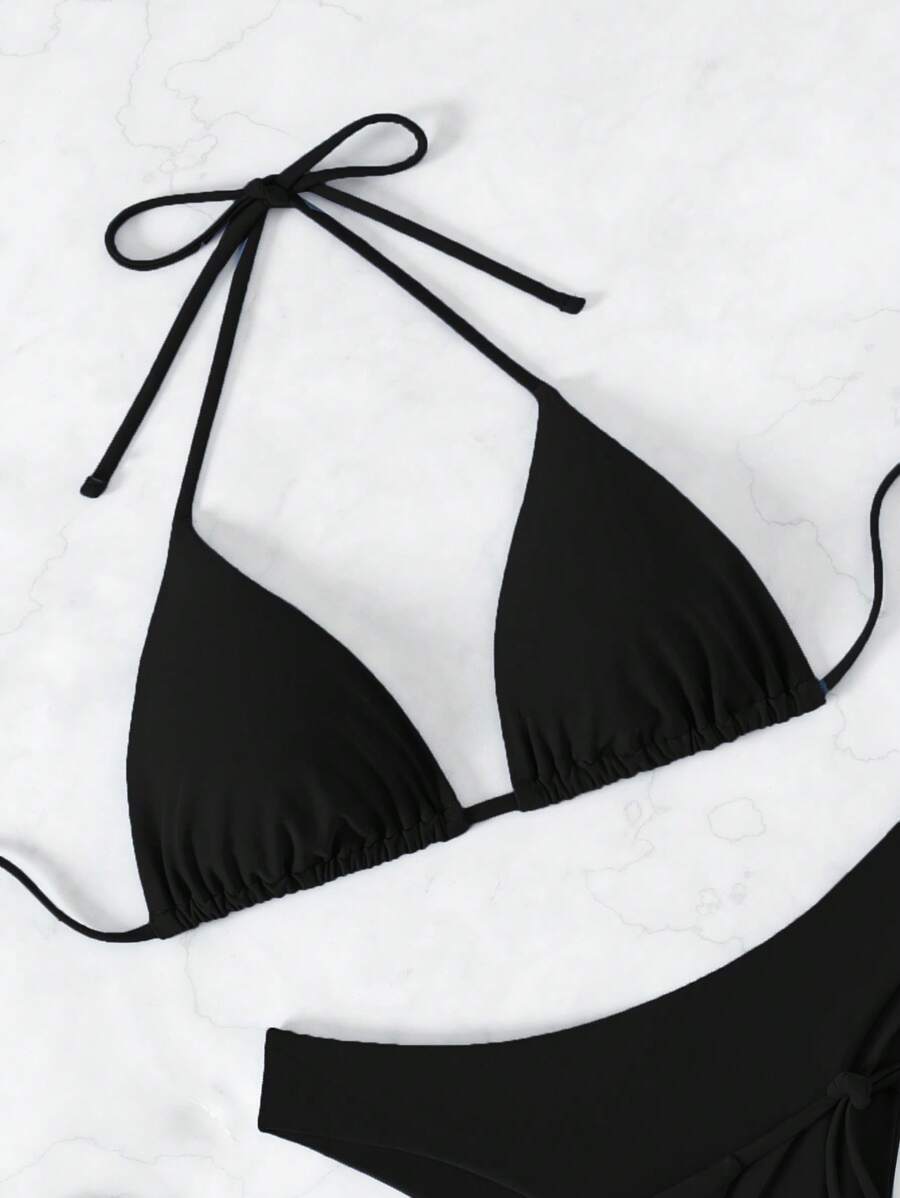 SHEIN Swim Kadın Yaz Plaj Düz Renk Halter Bağcıklı Seksi Bikini Mayo Takımı