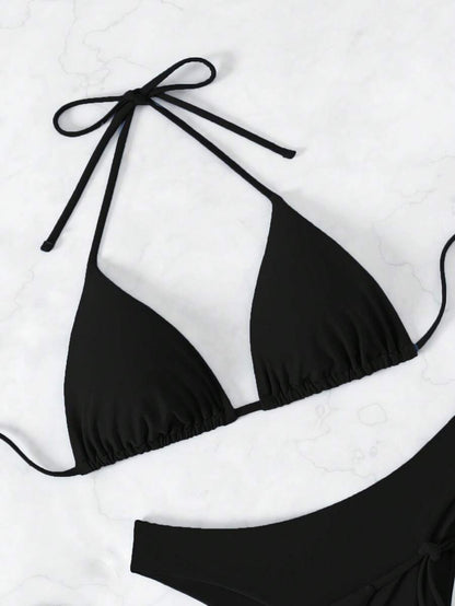 SHEIN Swim Kadın Yaz Plaj Düz Renk Halter Bağcıklı Seksi Bikini Mayo Takımı