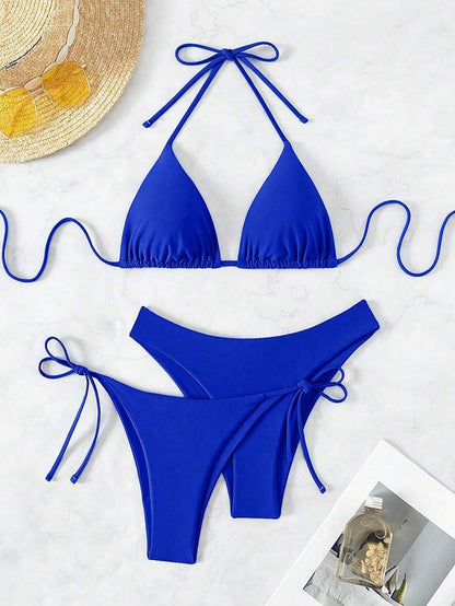 SHEIN Swim Kadın Yaz Plaj Düz Renk Halter Bağcıklı Seksi Bikini Mayo Takımı