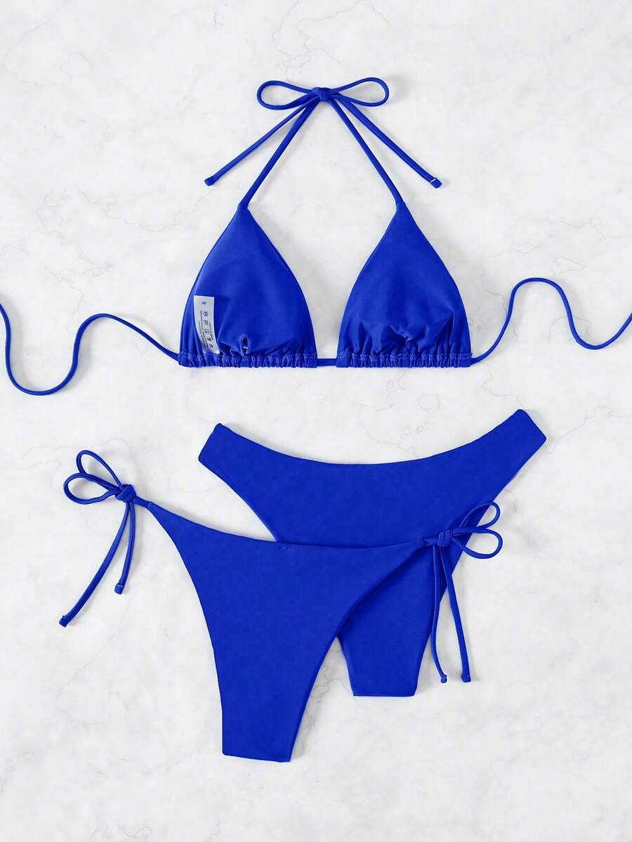 SHEIN Swim Kadın Yaz Plaj Düz Renk Halter Bağcıklı Seksi Bikini Mayo Takımı