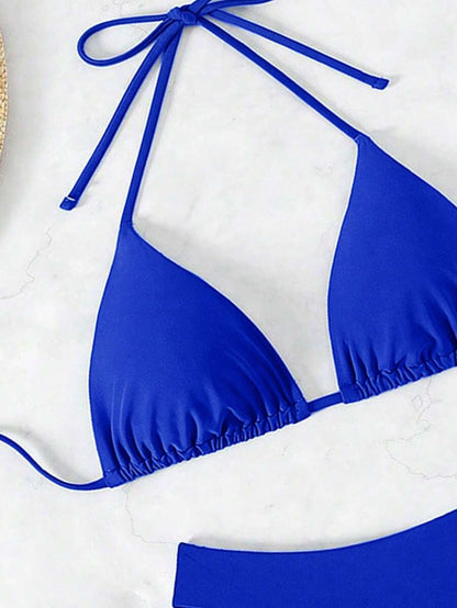 SHEIN Swim Kadın Yaz Plaj Düz Renk Halter Bağcıklı Seksi Bikini Mayo Takımı