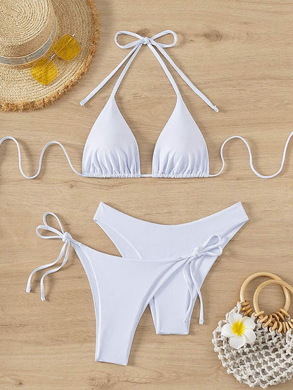 SHEIN Swim Kadın Yaz Plaj Düz Renk Halter Bağcıklı Seksi Bikini Mayo Takımı