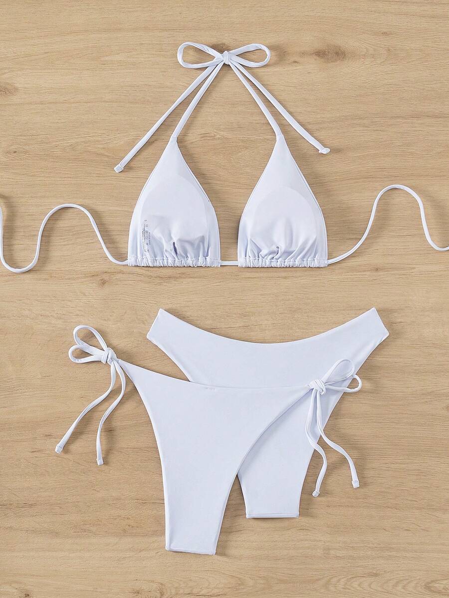 SHEIN Swim Kadın Yaz Plaj Düz Renk Halter Bağcıklı Seksi Bikini Mayo Takımı