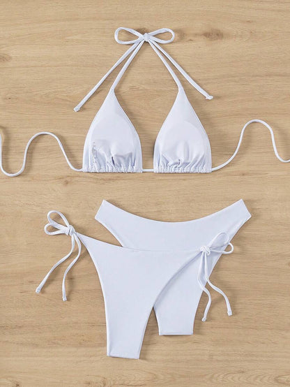 SHEIN Swim Kadın Yaz Plaj Düz Renk Halter Bağcıklı Seksi Bikini Mayo Takımı