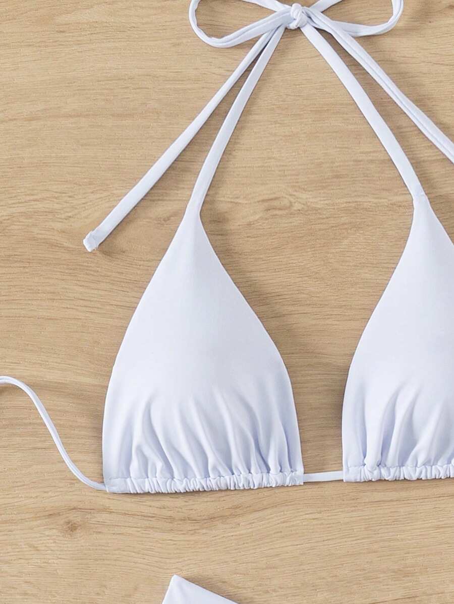 SHEIN Swim Kadın Yaz Plaj Düz Renk Halter Bağcıklı Seksi Bikini Mayo Takımı