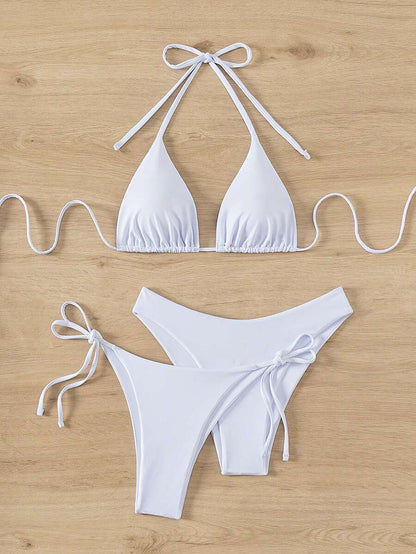 SHEIN Swim Kadın Yaz Plaj Düz Renk Halter Bağcıklı Seksi Bikini Mayo Takımı
