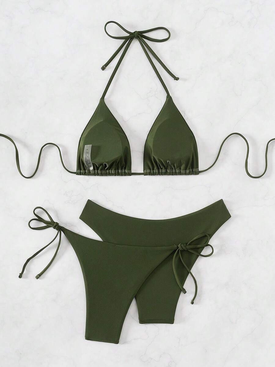 SHEIN Swim Kadın Yaz Plaj Düz Renk Halter Bağcıklı Seksi Bikini Mayo Takımı