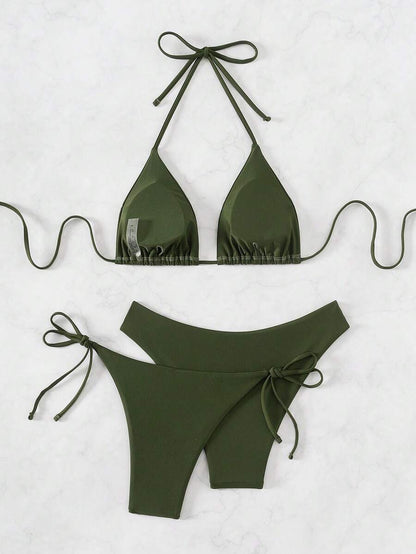 SHEIN Swim Kadın Yaz Plaj Düz Renk Halter Bağcıklı Seksi Bikini Mayo Takımı