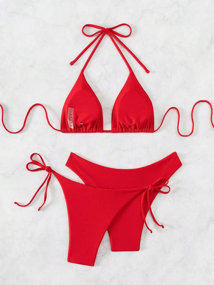 SHEIN Swim Kadın Yaz Plaj Düz Renk Halter Bağcıklı Seksi Bikini Mayo Takımı