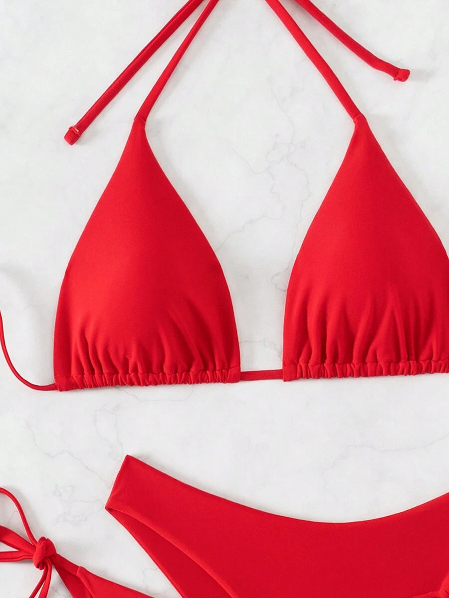 SHEIN Swim Kadın Yaz Plaj Düz Renk Halter Bağcıklı Seksi Bikini Mayo Takımı