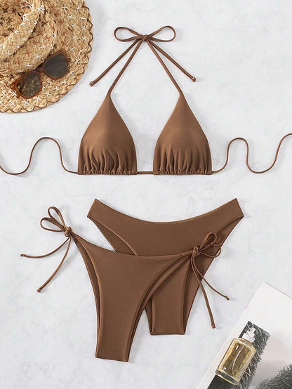 SHEIN Swim Kadın Yaz Plaj Düz Renk Halter Bağcıklı Seksi Bikini Mayo Takımı