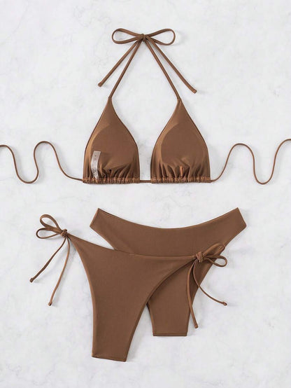 SHEIN Swim Kadın Yaz Plaj Düz Renk Halter Bağcıklı Seksi Bikini Mayo Takımı