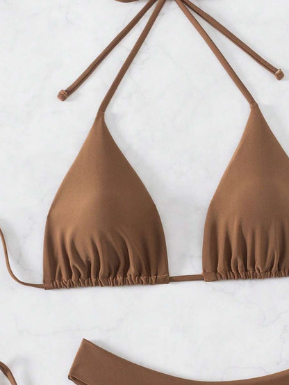 SHEIN Swim Kadın Yaz Plaj Düz Renk Halter Bağcıklı Seksi Bikini Mayo Takımı