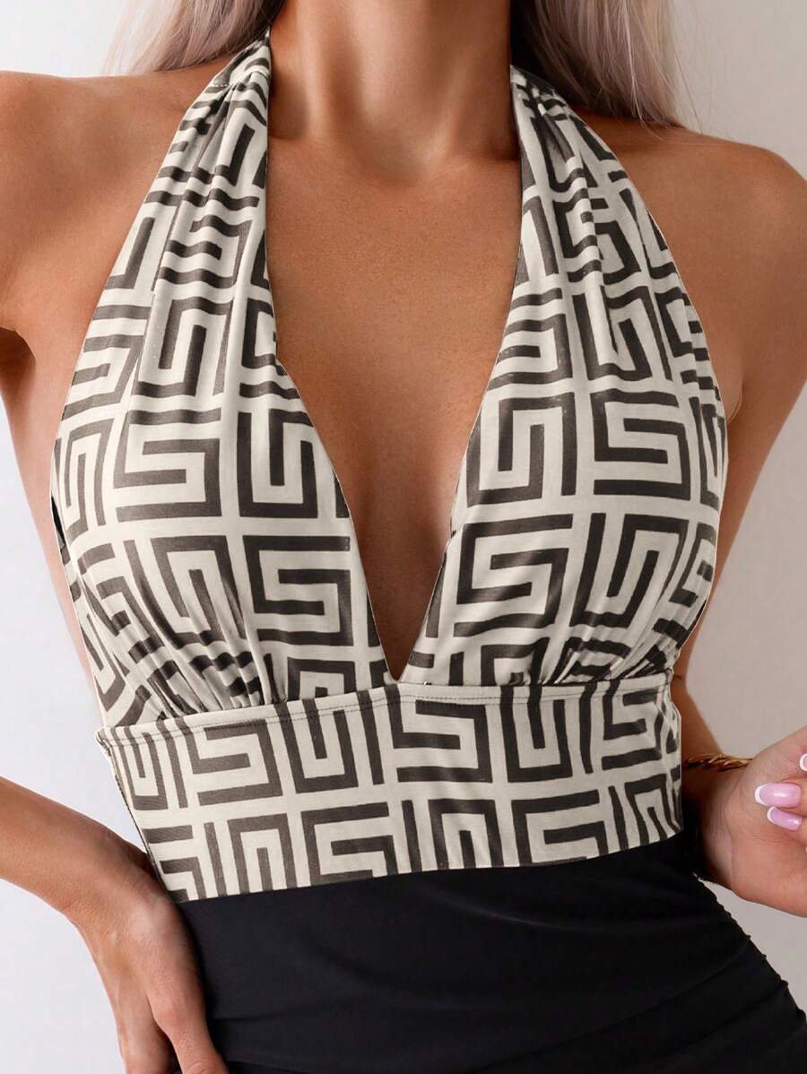 Swim Lushoire Geometrik Desenli Derin Yaka Tek Parça Mayo