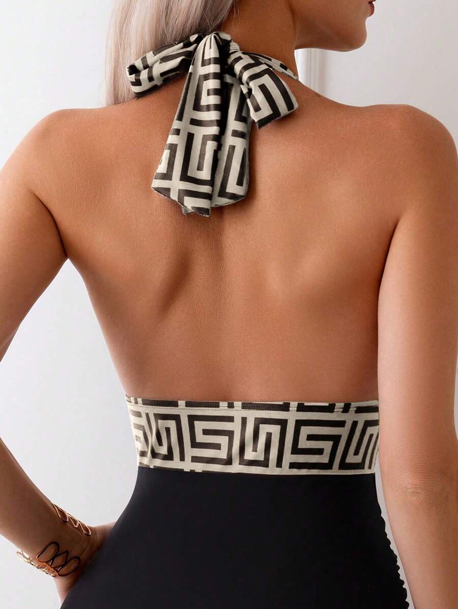 Swim Lushoire Geometrik Desenli Derin Yaka Tek Parça Mayo