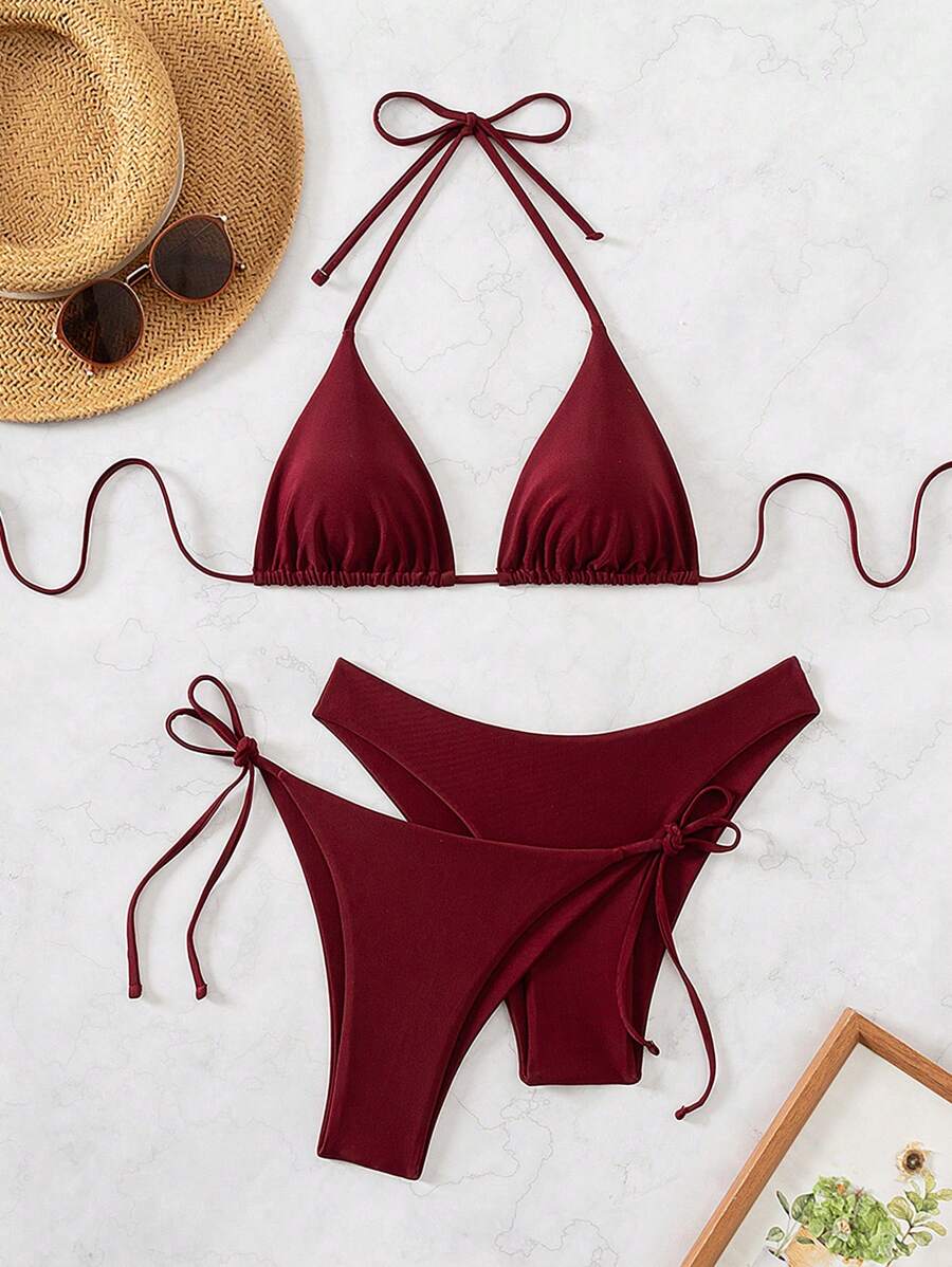 Plaj Düz Renk Halter Bağcıklı Üçgen Bikini Seti