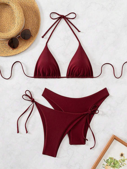 Plaj Düz Renk Halter Bağcıklı Üçgen Bikini Seti