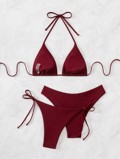 Plaj Düz Renk Halter Bağcıklı Üçgen Bikini Seti