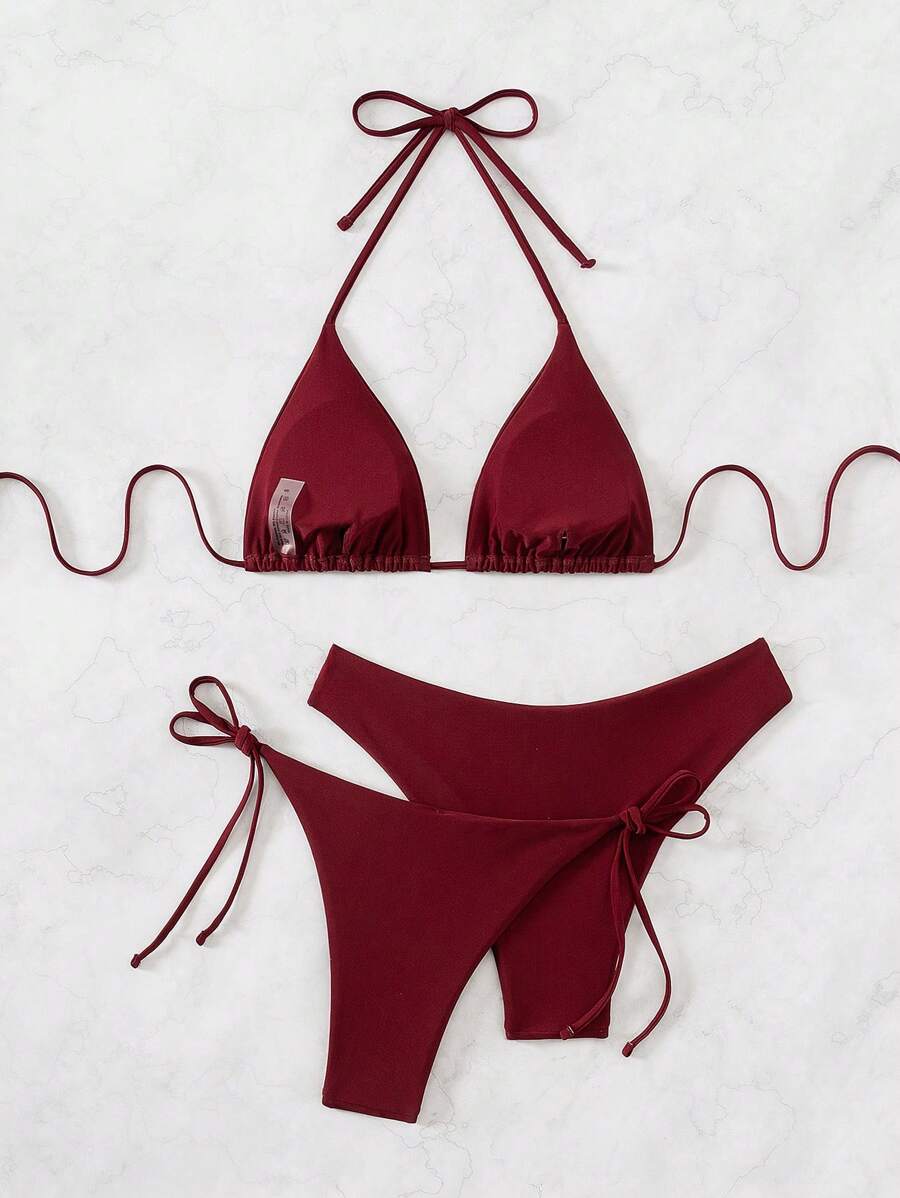 SHEIN Swim Kadın Yaz Plaj Düz Renk Halter Bağcıklı Seksi Bikini Mayo Takımı