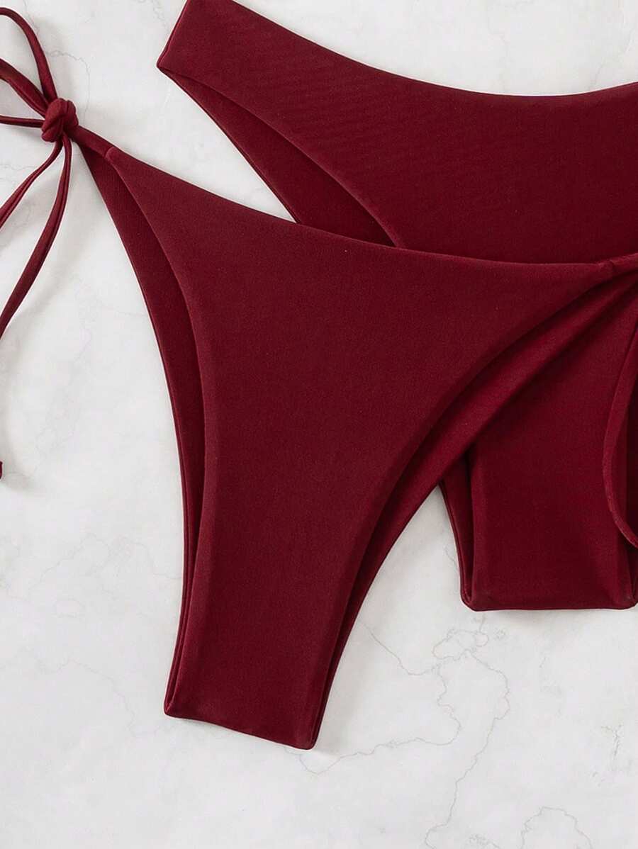 Plaj Düz Renk Halter Bağcıklı Üçgen Bikini Seti