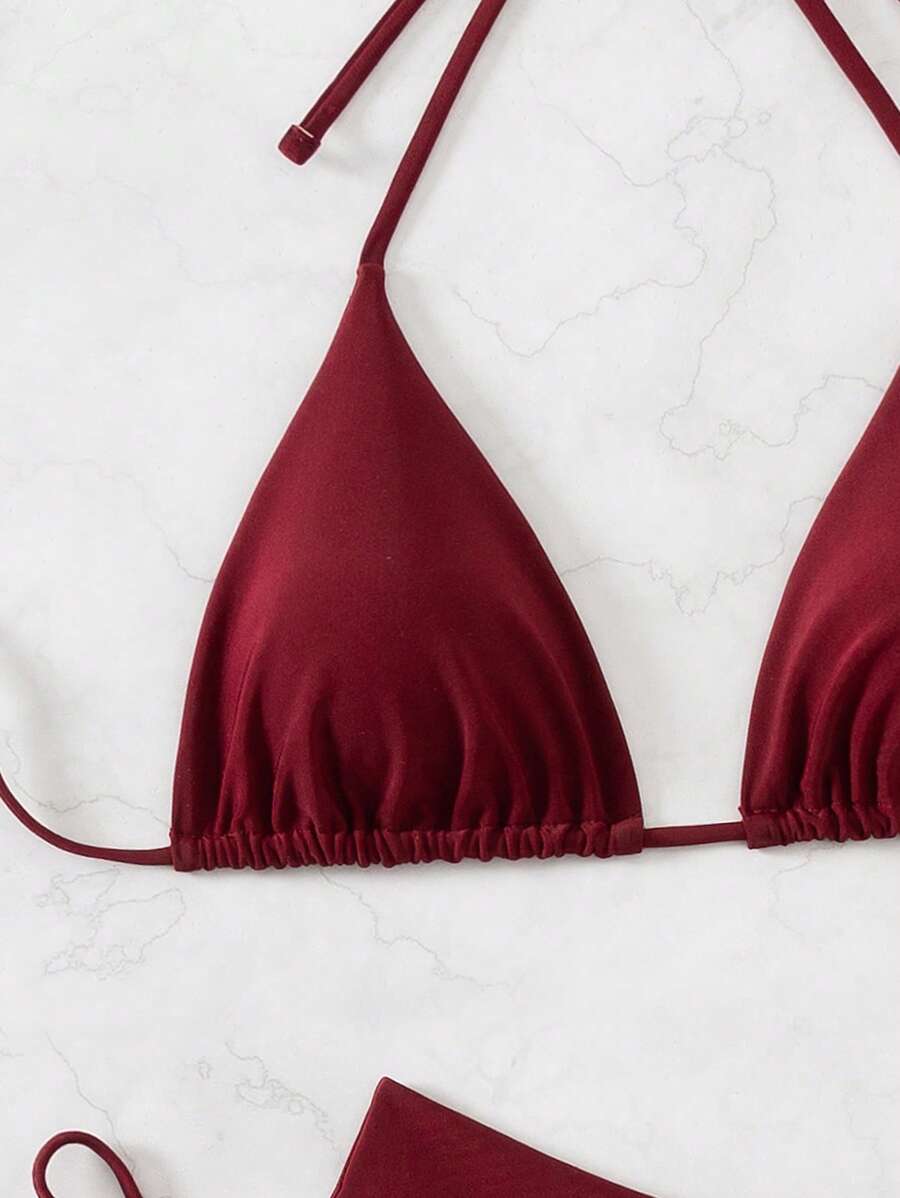 SHEIN Swim Kadın Yaz Plaj Düz Renk Halter Bağcıklı Seksi Bikini Mayo Takımı