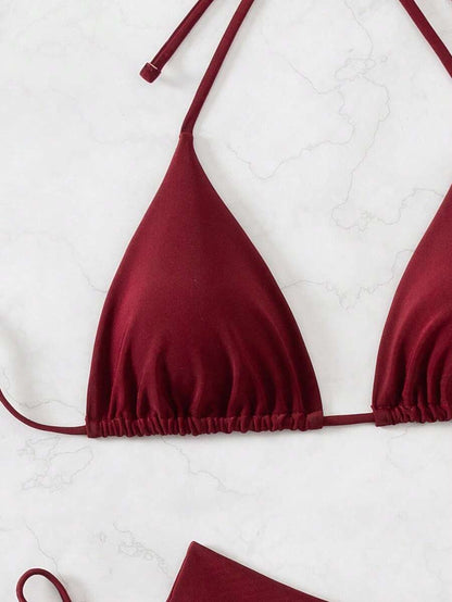 SHEIN Swim Kadın Yaz Plaj Düz Renk Halter Bağcıklı Seksi Bikini Mayo Takımı