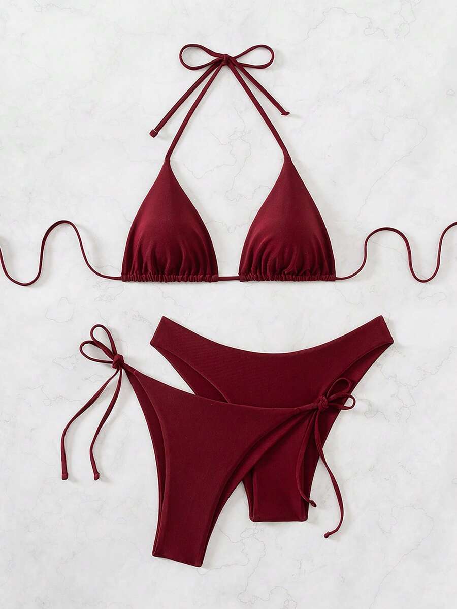 SHEIN Swim Kadın Yaz Plaj Düz Renk Halter Bağcıklı Seksi Bikini Mayo Takımı