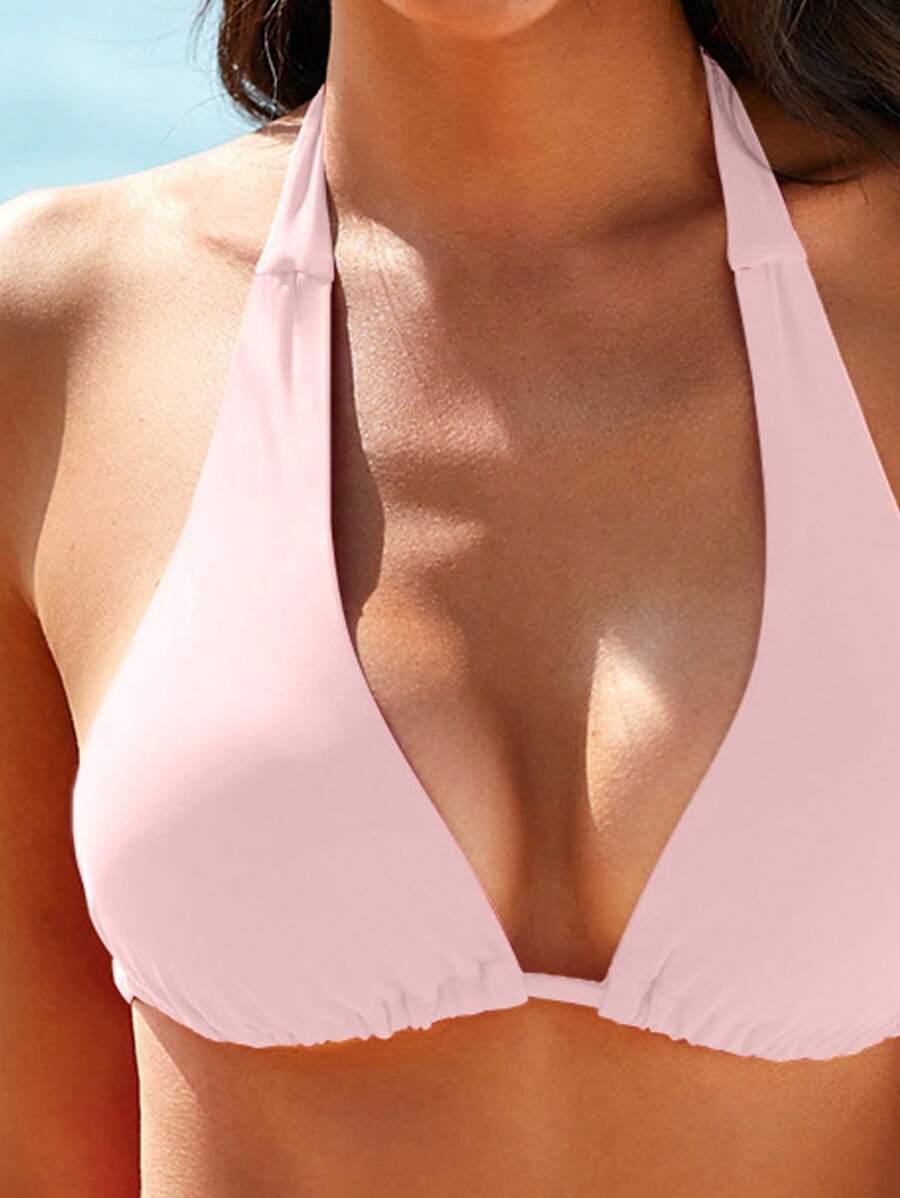 Women Triangle Halter Bikini Set – Solid Tie Side Swimwear