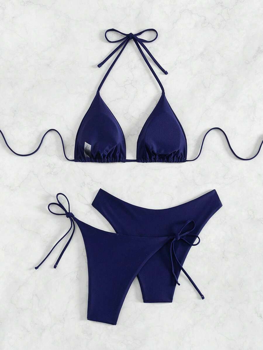 SHEIN Swim Kadın Yaz Plaj Düz Renk Halter Bağcıklı Seksi Bikini Mayo Takımı