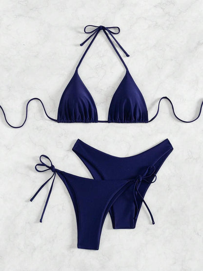 SHEIN Swim Kadın Yaz Plaj Düz Renk Halter Bağcıklı Seksi Bikini Mayo Takımı