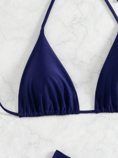 SHEIN Swim Kadın Yaz Plaj Düz Renk Halter Bağcıklı Seksi Bikini Mayo Takımı