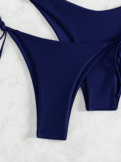 SHEIN Swim Kadın Yaz Plaj Düz Renk Halter Bağcıklı Seksi Bikini Mayo Takımı