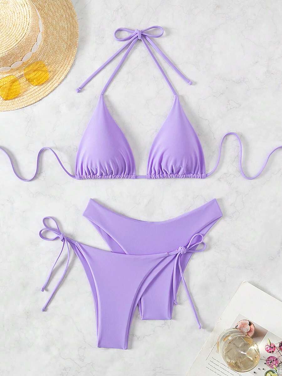 SHEIN Swim Kadın Yaz Plaj Düz Renk Halter Bağcıklı Seksi Bikini Mayo Takımı