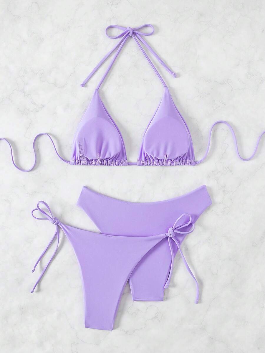 SHEIN Swim Kadın Yaz Plaj Düz Renk Halter Bağcıklı Seksi Bikini Mayo Takımı