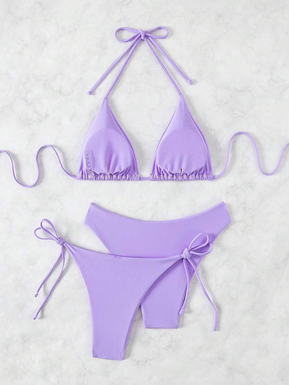 SHEIN Swim Kadın Yaz Plaj Düz Renk Halter Bağcıklı Seksi Bikini Mayo Takımı