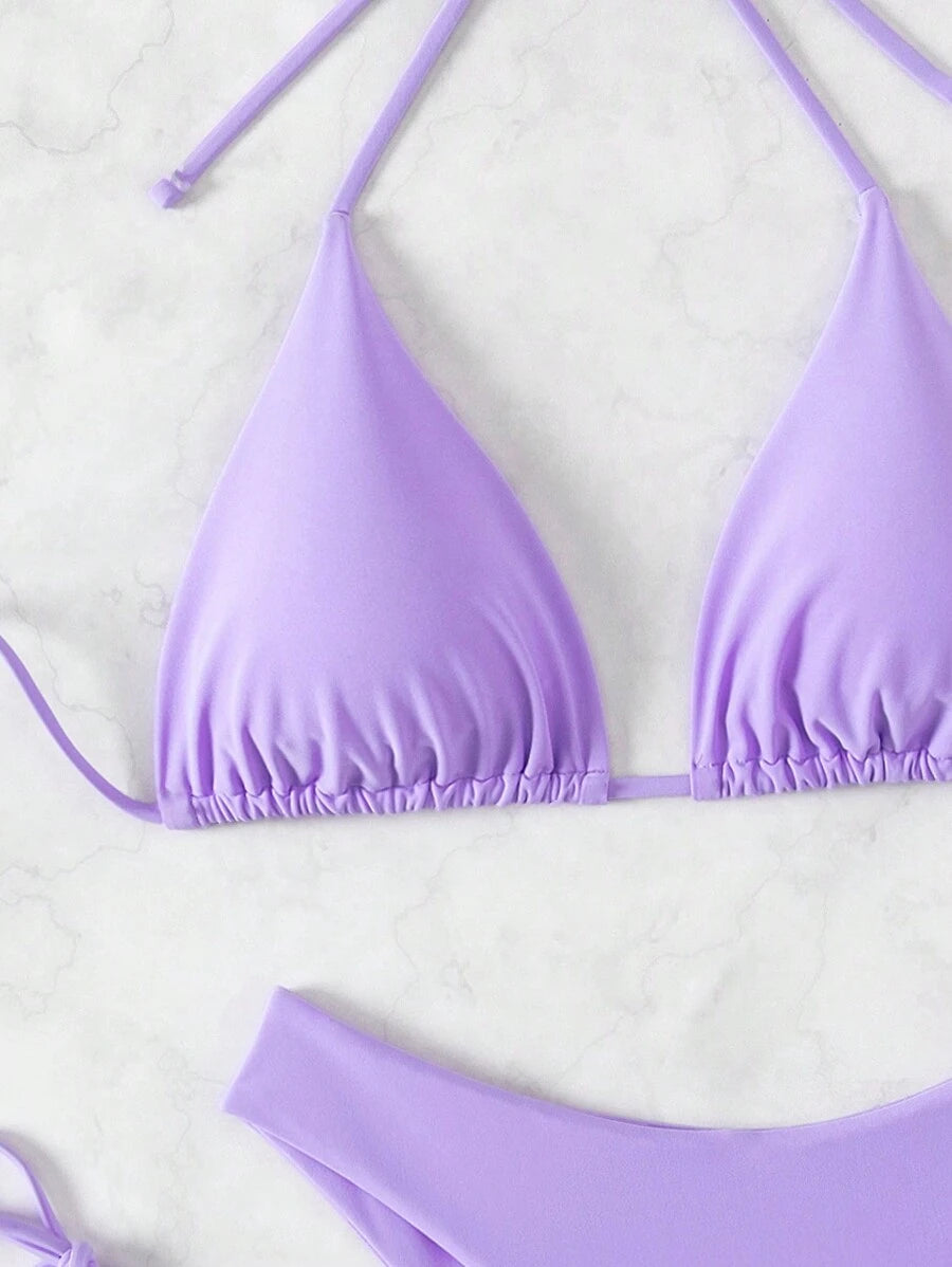 SHEIN Swim Kadın Yaz Plaj Düz Renk Halter Bağcıklı Seksi Bikini Mayo Takımı