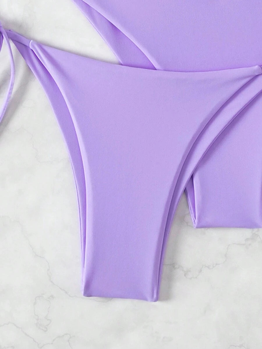 SHEIN Swim Kadın Yaz Plaj Düz Renk Halter Bağcıklı Seksi Bikini Mayo Takımı