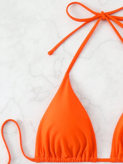 SHEIN Swim Kadın Yaz Plaj Düz Renk Halter Bağcıklı Seksi Bikini Mayo Takımı