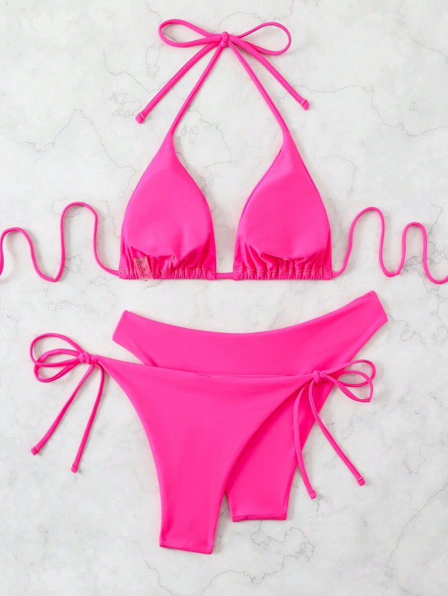 SHEIN Swim Kadın Yaz Plaj Düz Renk Halter Bağcıklı Seksi Bikini Mayo Takımı