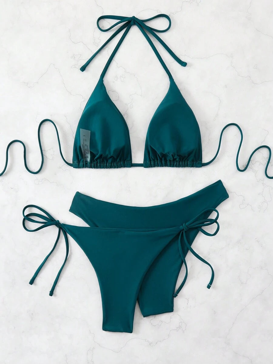 SHEIN Swim Kadın Yaz Plaj Düz Renk Halter Bağcıklı Seksi Bikini Mayo Takımı