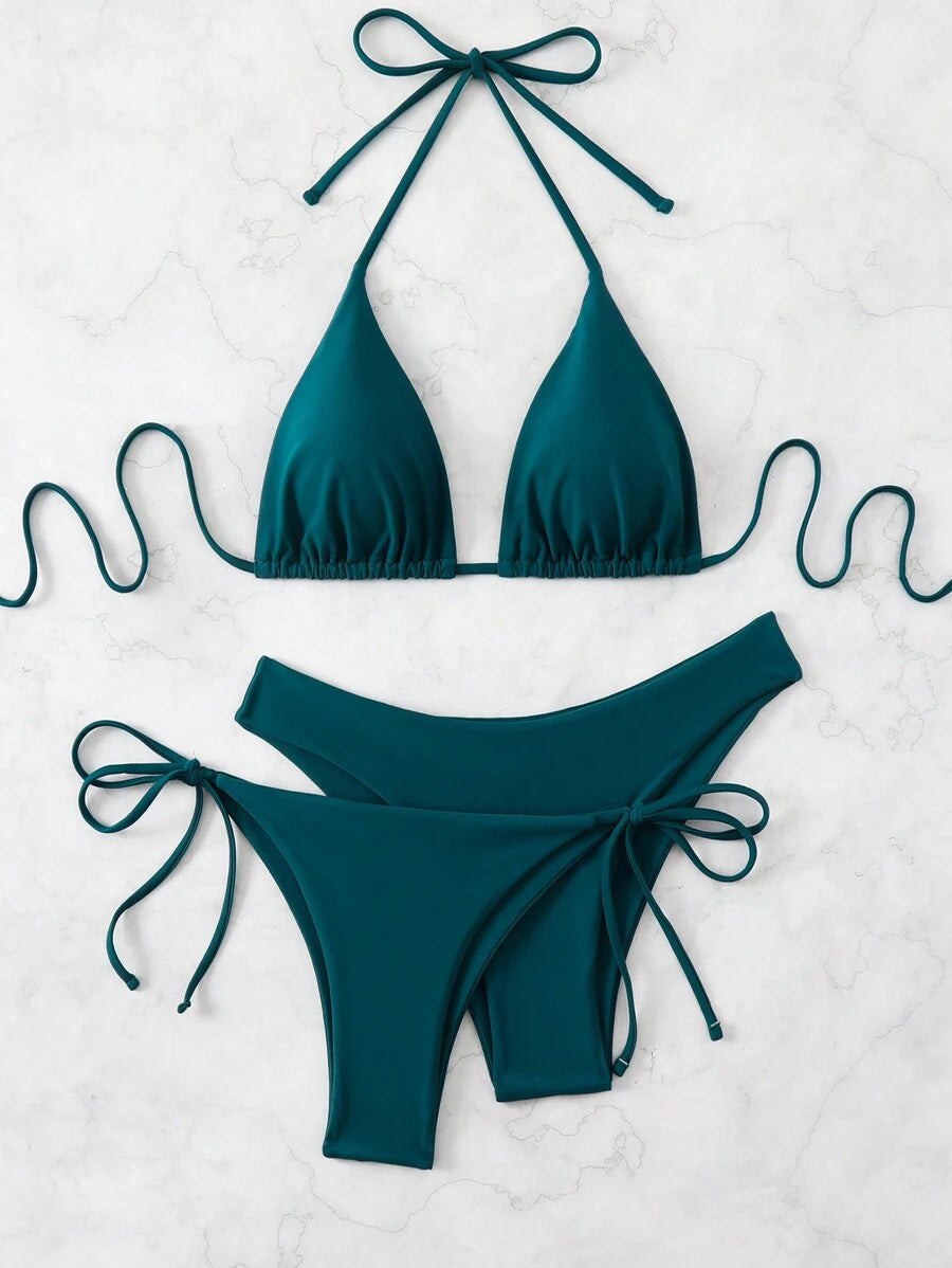 SHEIN Swim Kadın Yaz Plaj Düz Renk Halter Bağcıklı Seksi Bikini Mayo Takımı