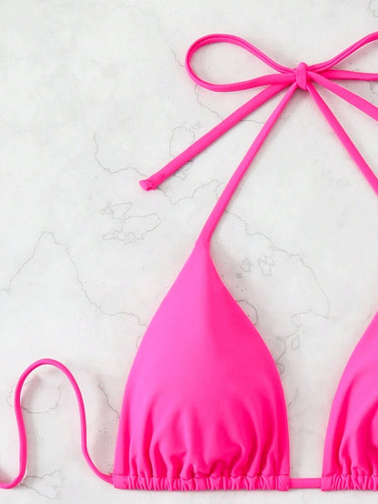 SHEIN Swim Kadın Yaz Plaj Düz Renk Halter Bağcıklı Seksi Bikini Mayo Takımı