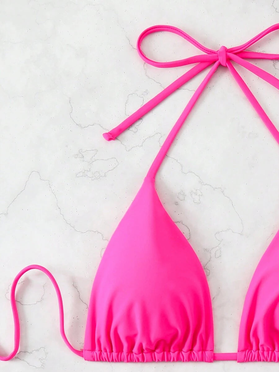 Plaj Düz Renk Halter Bağcıklı Üçgen Bikini Seti